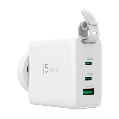J5Create 3-Port GaN USB-C 65W Traveler Concurrent Charger W/ Changeable AC Plugs