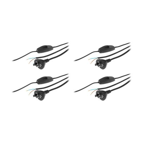 4PK Inline Switch Power Lead Black 3M 2 Core Cord with 3 Metre Cable