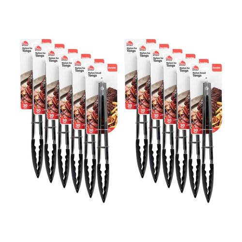 12PK Culinary Kitchen Nylong Head Tongs Cooking Utensil 30cm Black