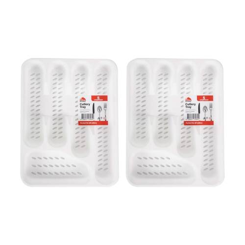 2PK Culinary Kitchen 5 Compartment Plastic Cutlery Storage Tray 25x33cm White