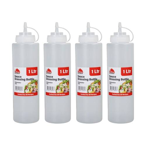 4PK Culinary Kitchen Plastic Squeeze Bottle Sauce Dispenser 1L Clear