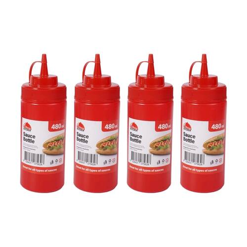 4PK Culinary Kitchen Plastic Squeeze Bottle Sauce Dispenser 480ml Red