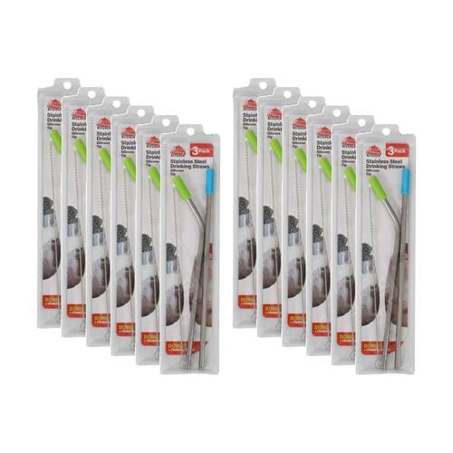 12x 3pc Braz Stainless Steel Drinking Straws W/ Bent Silicone Tips 27cm