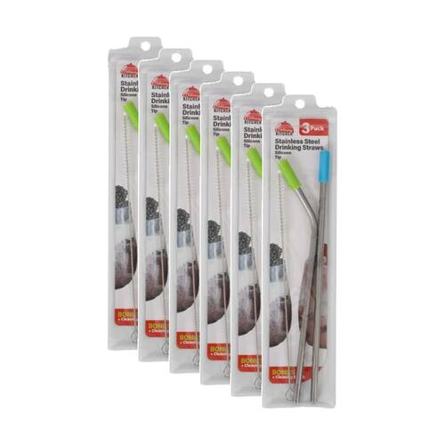 6x 3pc Braz Stainless Steel Drinking Straws W/ Bent Silicone Tips 27cm