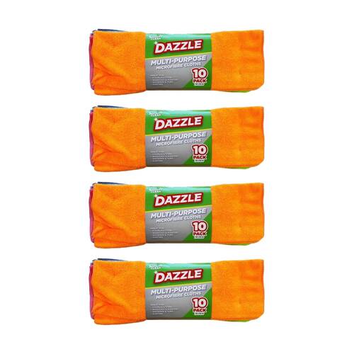 4x 10pc Dazzle Multi-Purpose Reusable Microfibre Cleaning Cloths 38x38cm Assrtd