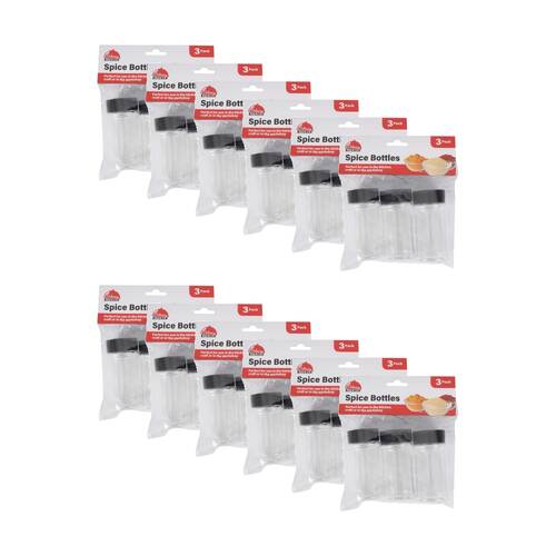 12x 3pc Culinary Kitchen Plastic Spice Bottles W/ Screw-On Lids 9.5cm Clear