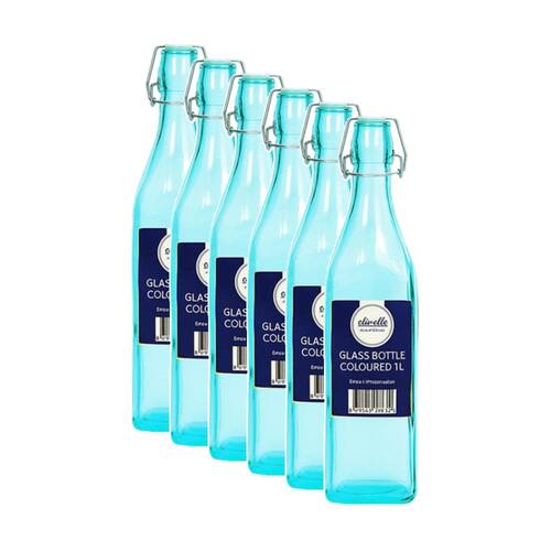 6PK Olivelle Coloured Airtight Swing-Top Lid Glass Bottle 1L Assorted