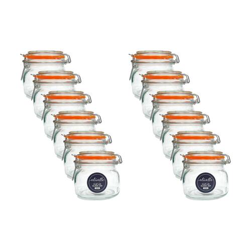 12PK Olivelle Glass Storage Jar W/ Rubber Seal & Airtight Clip Lid 500ml Clear