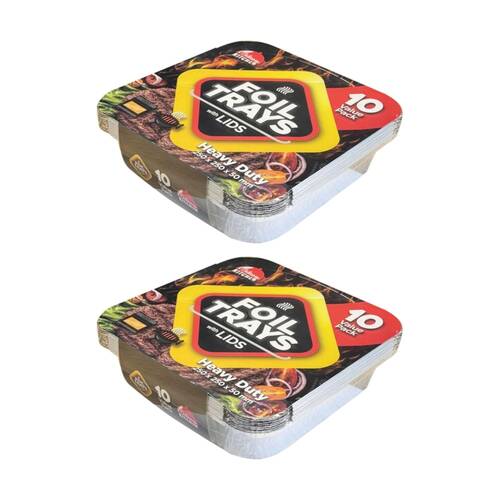2x 10pc Braz Aluminium Foil Disposable Square Trays W/ Lids 250x250x50mm Silver