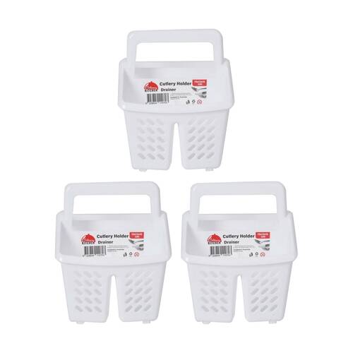 3PK Braz Plastic Perforated Cutlery Storage Holder W/ Handle 15x13x16cm White