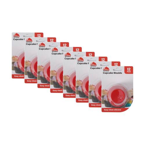 8x 12pc Culinary Kitchen Non-Stick Silicone Cupcake Muffin Mould Set Red
