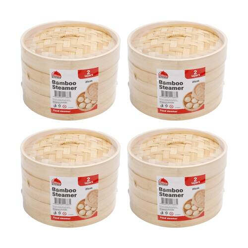 4PK Braz 2 Layer Round Woven Bamboo Steamer W/ Lid 21cm Natural