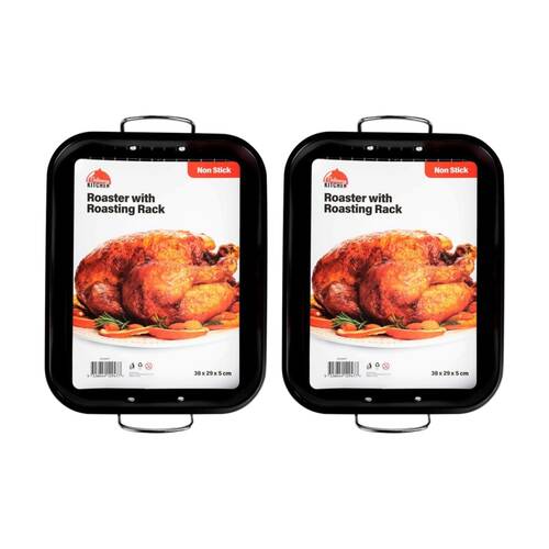 2PK Culinary Kitchen Non-Stick Roaster Baking Pan Tray W/ Roasting Rack 38x29cm
