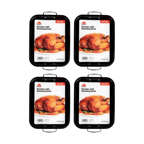 4PK Culinary Kitchen Non-Stick Roaster Baking Pan Tray W/ Roasting Rack 38x29cm