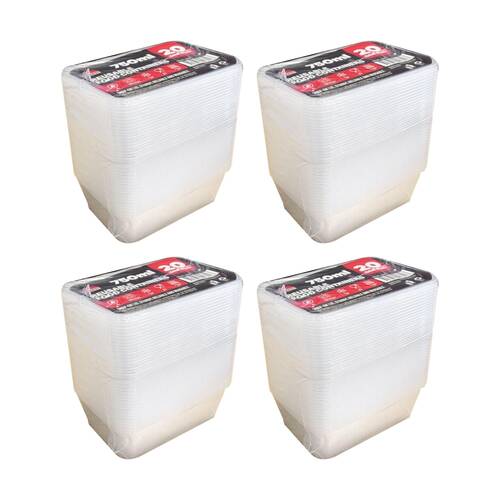 4x 20pc Braz Reusable Rectangular Food Storage Containers W/ Lids 750ml Clear