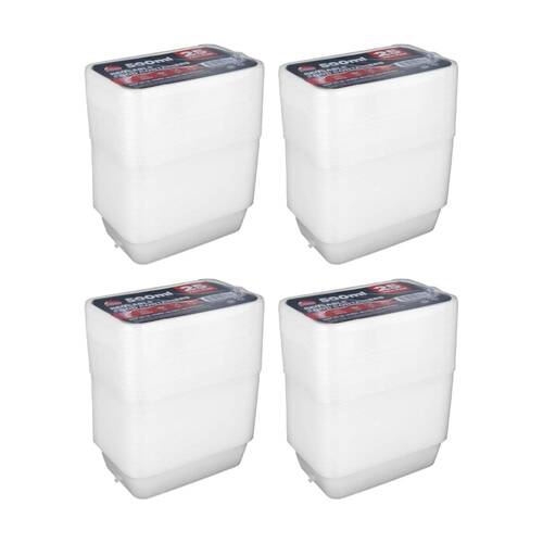 4x 25pc Braz Reusable Rectangular Food Storage Containers W/ Lids 500ml Clear