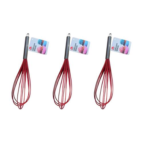3PK Culinary Kitchen Silicone Whisk W/ Hanging Hole Cooking Utensil Red