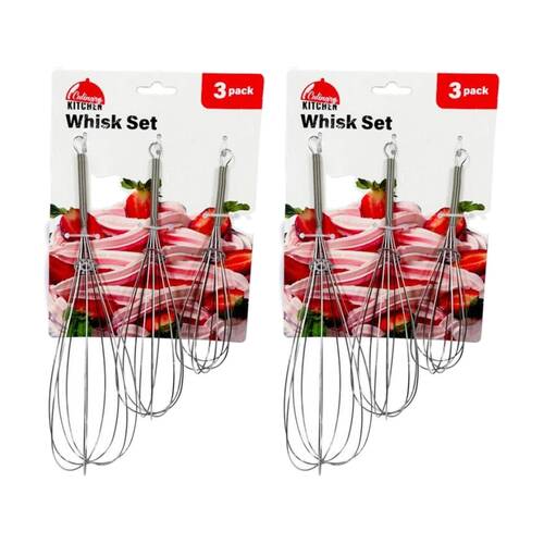 2x 3pc Culinary Kitchen Stainless Steel Whisks Set Cooking Utensil Silver