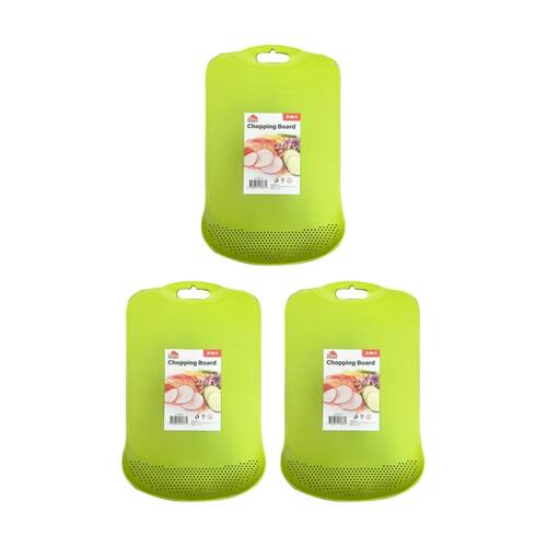 3PK Braz 2 In 1 Plastic Chopping Board W/ Perforated Section & Handle Cutout