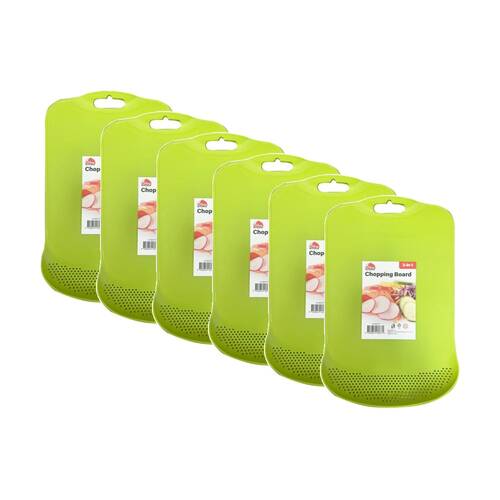 6PK Braz 2 In 1 Plastic Chopping Board W/ Perforated Section & Handle Cutout