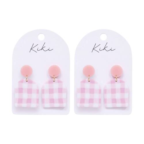 2PK Kiki Gingham Earrings Lightweight Clay Metal Stainless White Pink