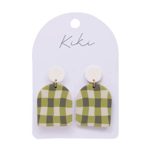 Kiki Gingham Earrings Lightweight Clay Metal Stainless White Green