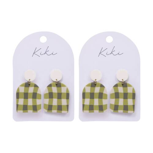 2PK Kiki Gingham Earrings Lightweight Clay Metal Stainless White Green