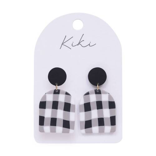 Kiki Gingham Earrings Lightweight Clay Metal Statement Black White
