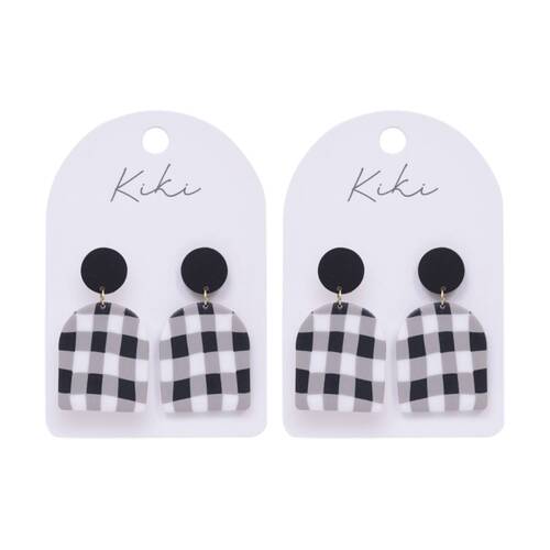 2PK Kiki Gingham Earrings Lightweight Clay Metal Statement Black White