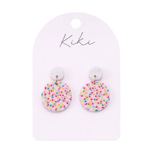 Kiki Round Confetti Earrings Lightweight Clay Stainless Pink White