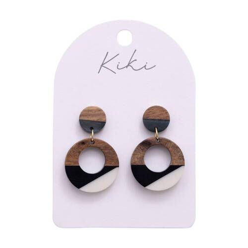 Kiki Geo Wood Circles Earrings Lightweight Acrylic Metal Black White