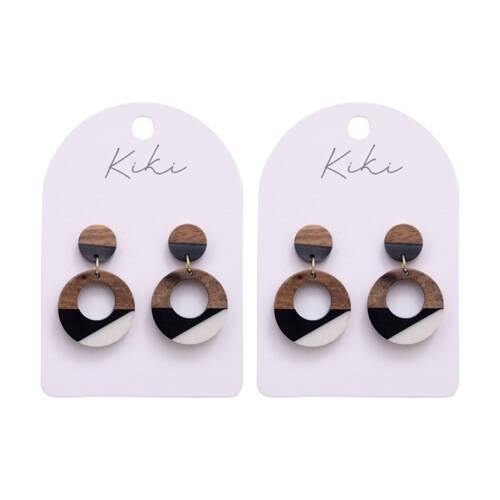 2PK Kiki Geo Wood Circles Earrings Lightweight Acrylic Metal Black White