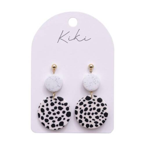 Kiki Spotty Rounds Earrings Lightweight Clay Metal Black White