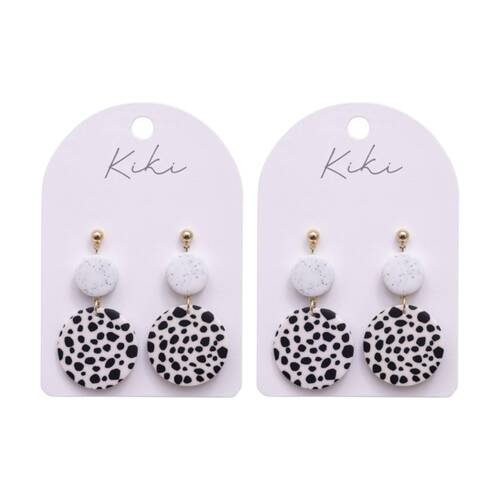 2PK Kiki Spotty Rounds Earrings Lightweight Clay Metal Black White