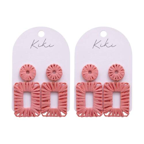 2PK Kiki Pink Rectangles Earrings Lightweight Raffia Metal Woven Design