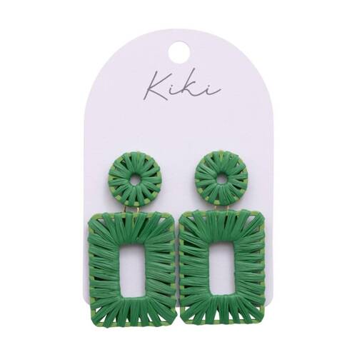 Kiki Rectangles Earrings Lightweight Raffia Metal Woven Style Green