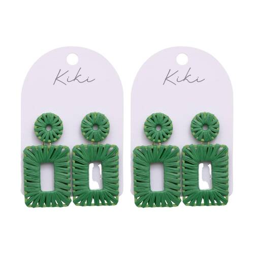 2PK Kiki Rectangles Earrings Lightweight Raffia Metal Woven Style Green