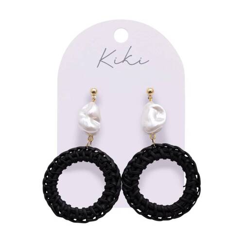 Kiki Pearl Rounds Earrings Lightweight Raffia Metal Statement Black