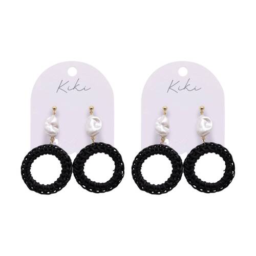 2PK Kiki Pearl Rounds Earrings Lightweight Raffia Metal Statement Black