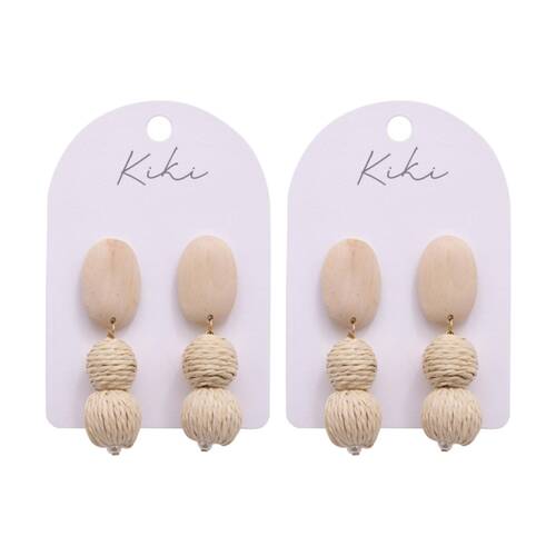2PK Kiki Raw Wood Drops Earrings Lightweight Design Rattan Metal Cream