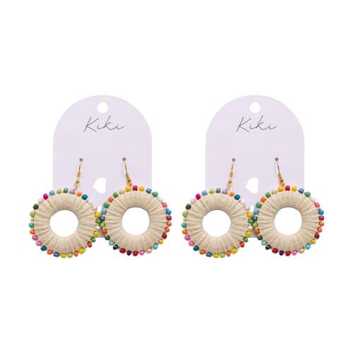 2PK Kiki Colourful Rounds Earrings Lightweight Raffia Metal Plastic Cream