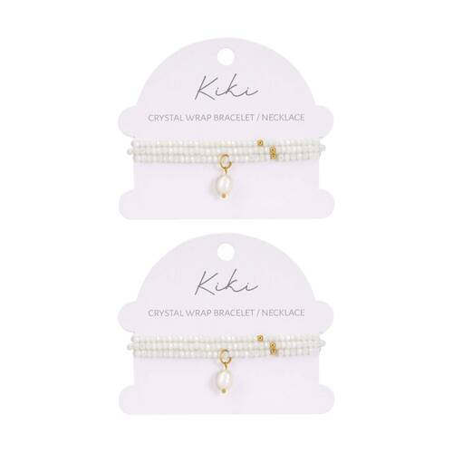 2PK Kiki Snow Blossom Crystal Wrap Jewellery Bracelet Necklace Pearl White