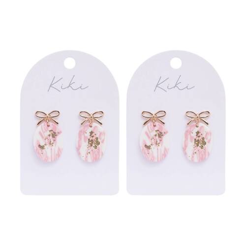 2PK Kiki Bow Earrings Stainless Steel Clay Lightweight Pink White Gold