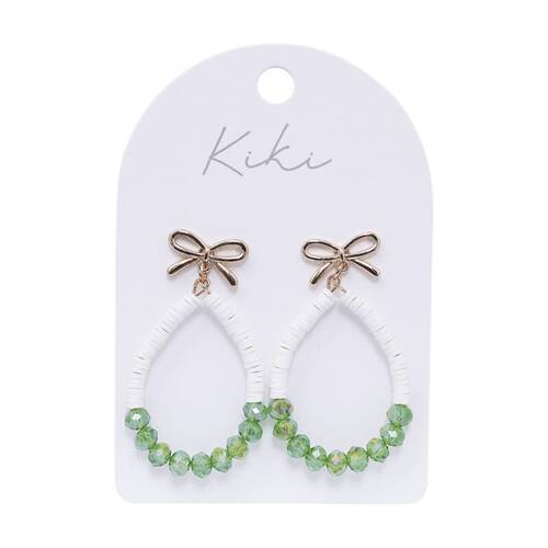 Kiki Bow Teardrop Earrings Green Stainless Steel Plastic White Gold