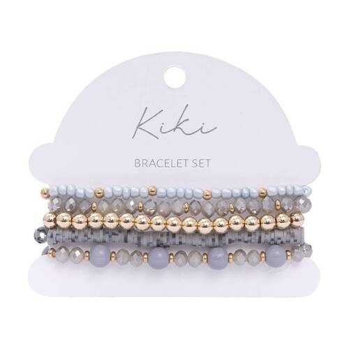 5pc Kiki Smokey Veil Bracelet Glass Beaded Fashion Set Grey Gold