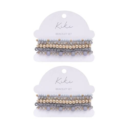 2x 5pc Kiki Smokey Veil Bracelet Glass Beaded Fashion Set Grey Gold