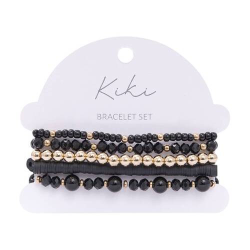 5pc Kiki Midnight Drift Bracelet Glass Beaded Fashion Set Black Gold