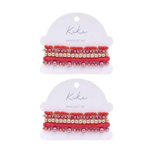 2x 5pc Kiki Crimson Dream Bracelet Glass Beaded Design Set Red Gold