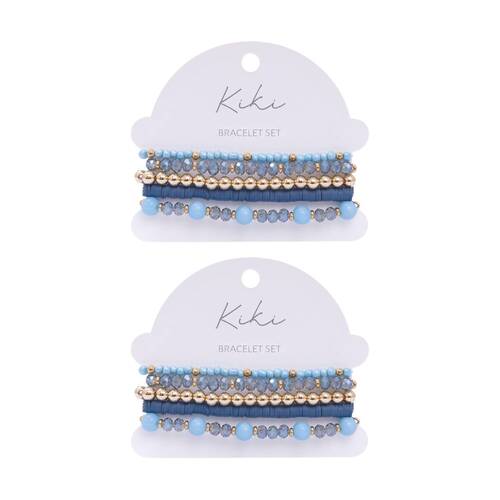 2x 5pc Kiki Waves Bracelet Glass Beads Fashion Design Set Blue Gold