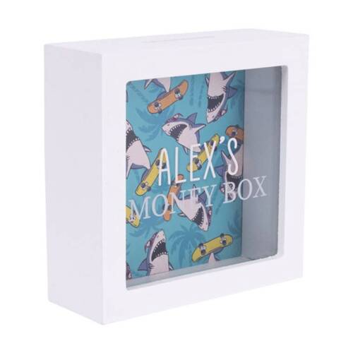 Splosh Kids Money Box Alex Personalised Name White Green 13x5x13cm